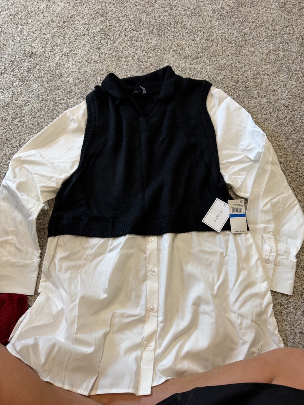 1. State Black Knit Vest with White Shirt Layer